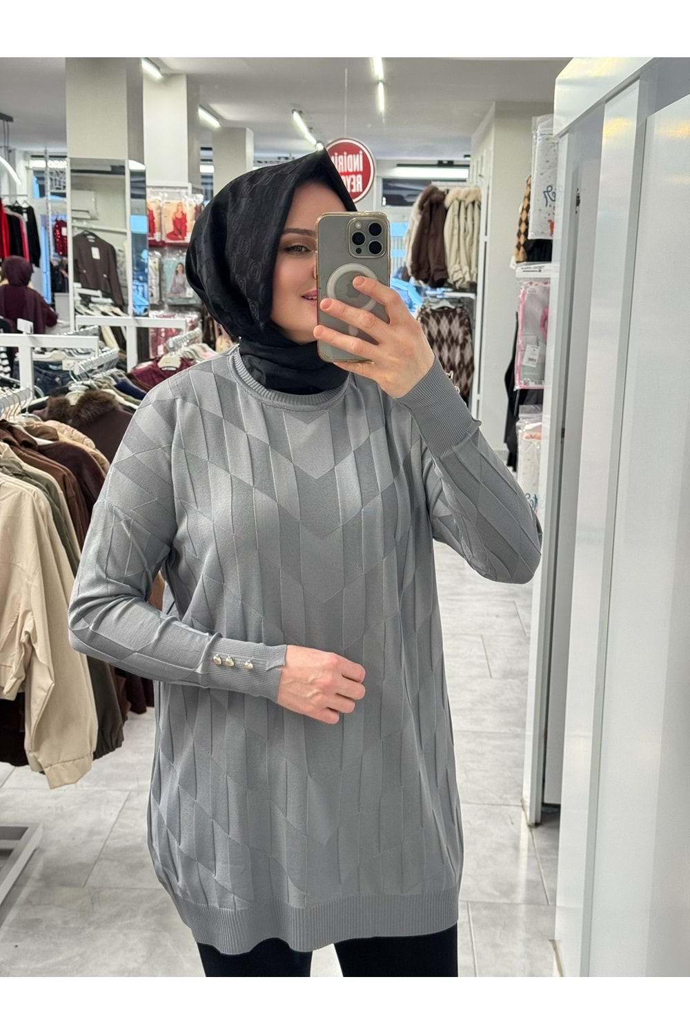 V Desen Salaş Merserize Tunik 3293 - Gri - TEK BEDEN - AZRA07527-59352