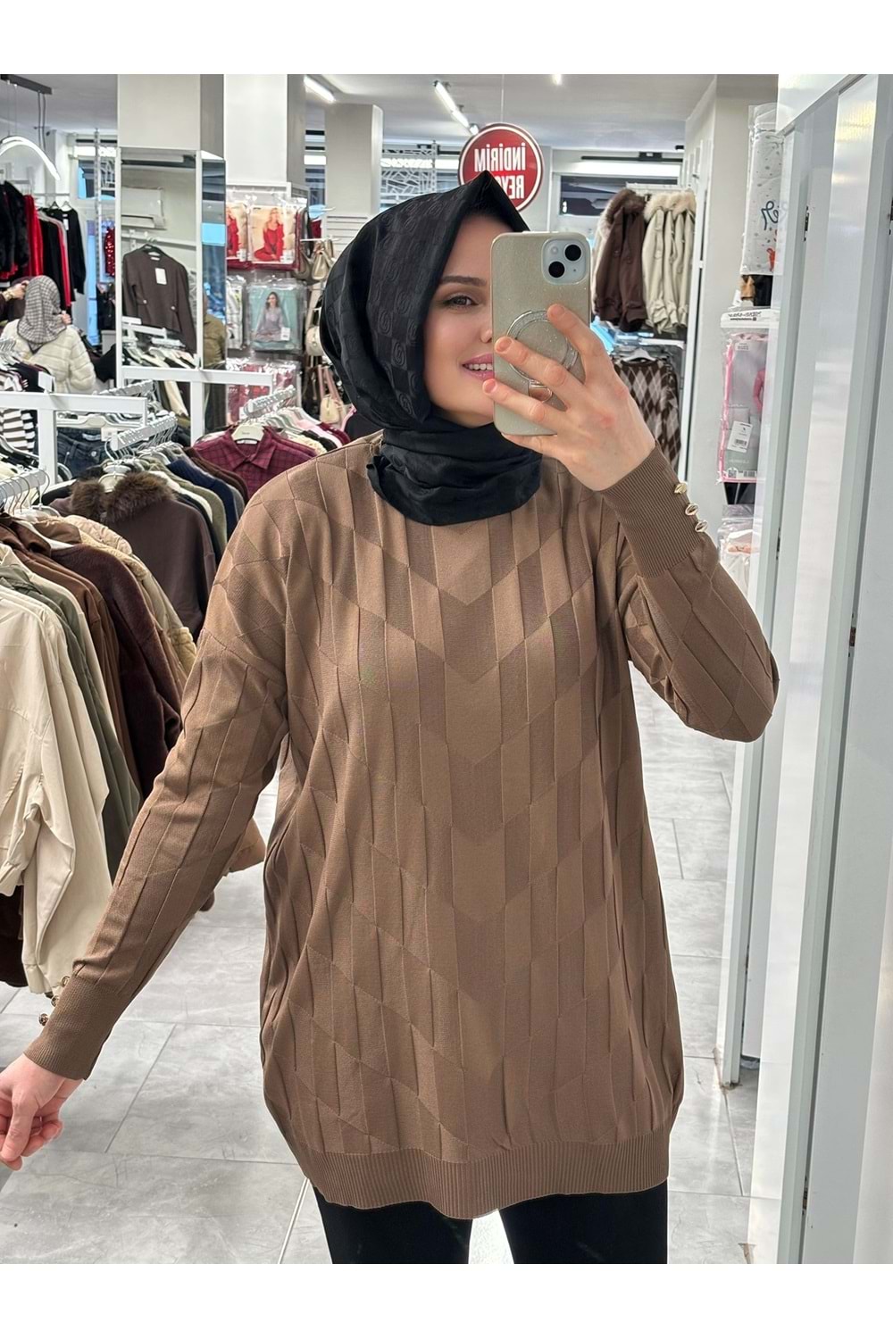 V Desen Salaş Merserize Tunik 3293 - Kahve Rengi - TEK BEDEN - AZRA07527-59353