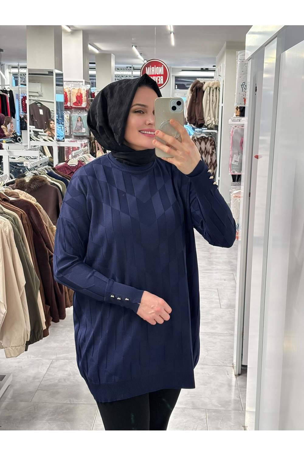 V Desen Salaş Merserize Tunik 3293 - Lacivert - TEK BEDEN - AZRA07527-59354