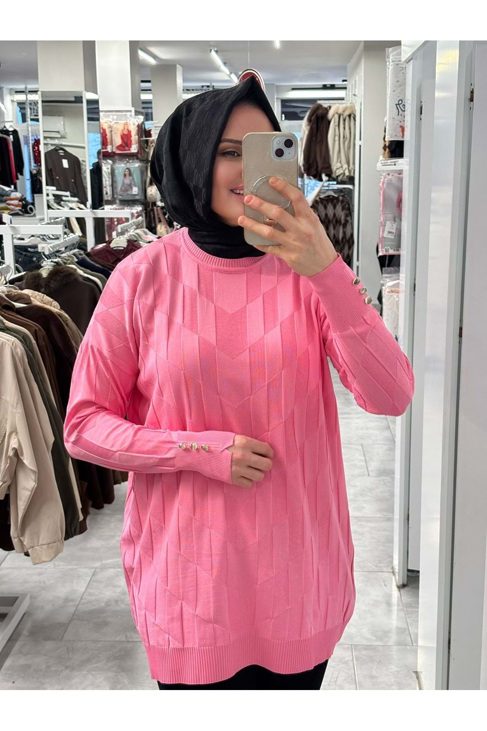 V Desen Salaş Merserize Tunik 3293 - Pembe - TEK BEDEN - AZRA07527-59357