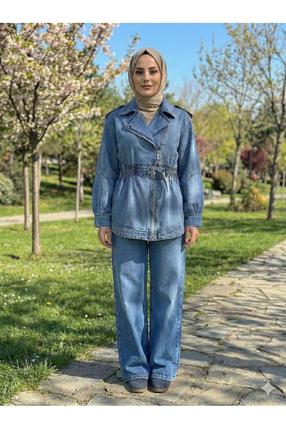 MGZN Beli Büzgülü Denim Ceket 7306 - Açık Mavi - TEK BEDEN - AZRA07701-60171