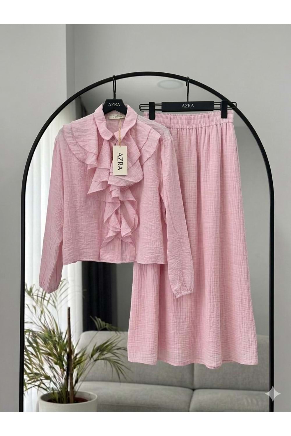 Müslin Kumaş Önü Volanlı Etekli Takım 26965 - Pembe - L