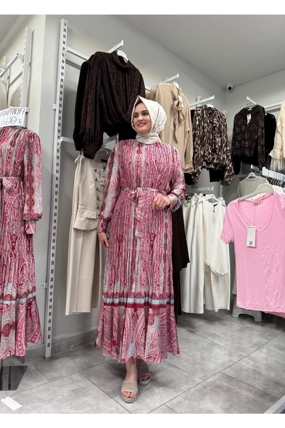 İpek Saten Piliseli Elbise 7010 - Pembe - M