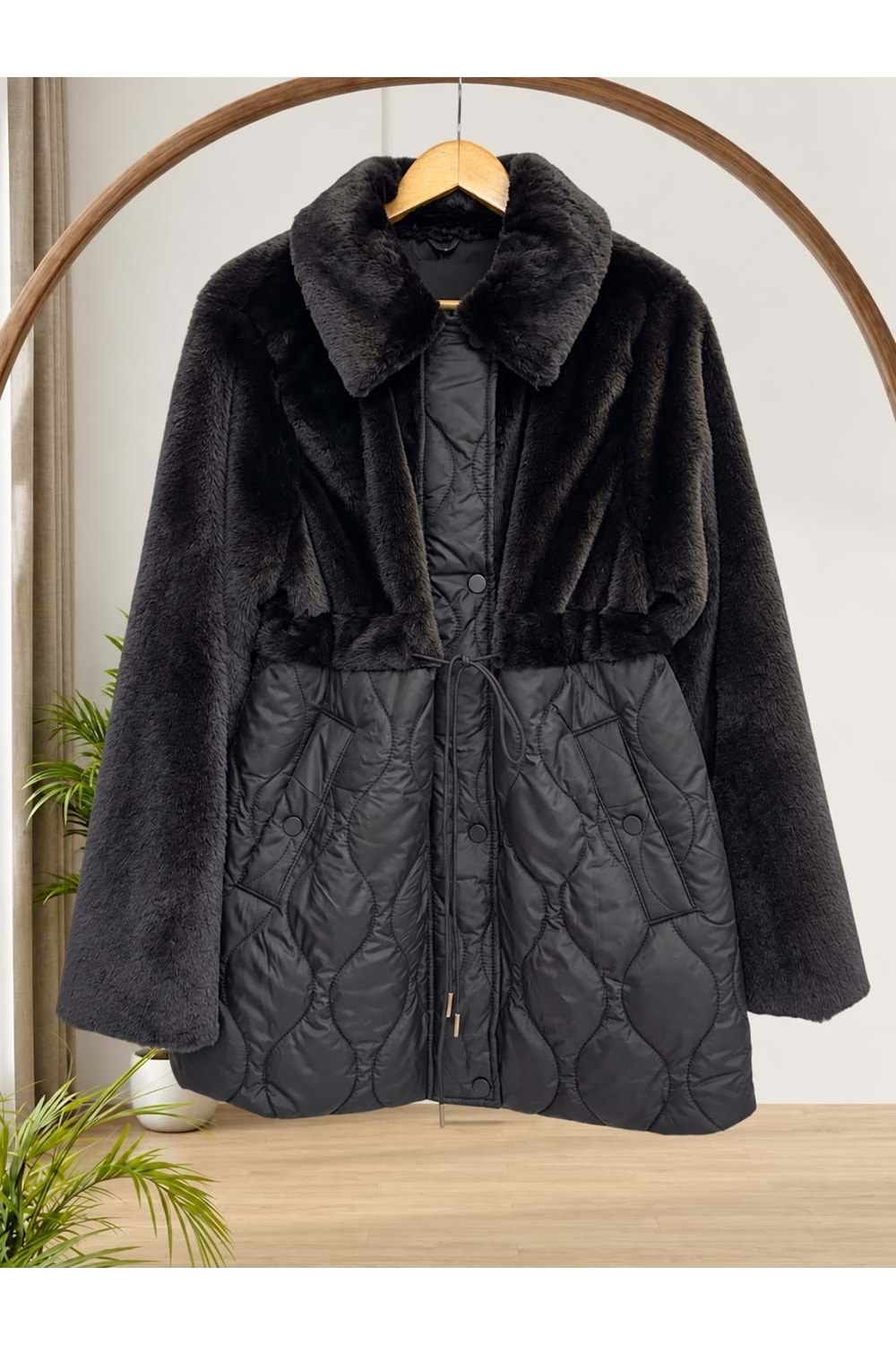 Peluş Garnili Kapitone Mont 37827 - Siyah - L
