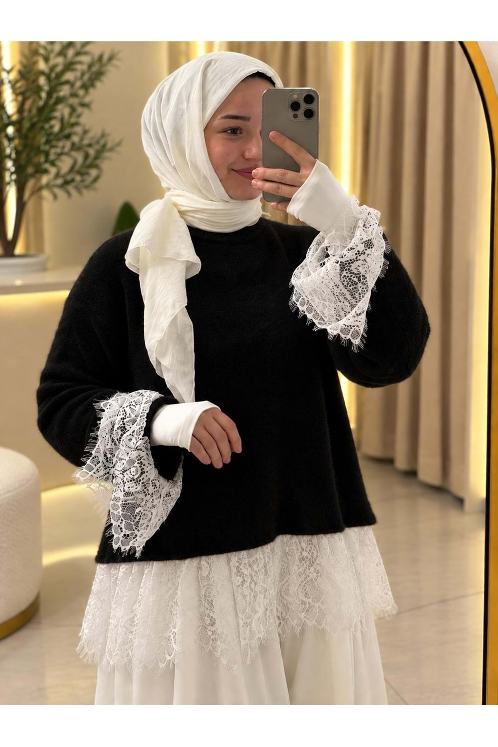 Eteği Ve Kolları Dantel Detaylı Kazak 26738 - Siyah - TEK BEDEN