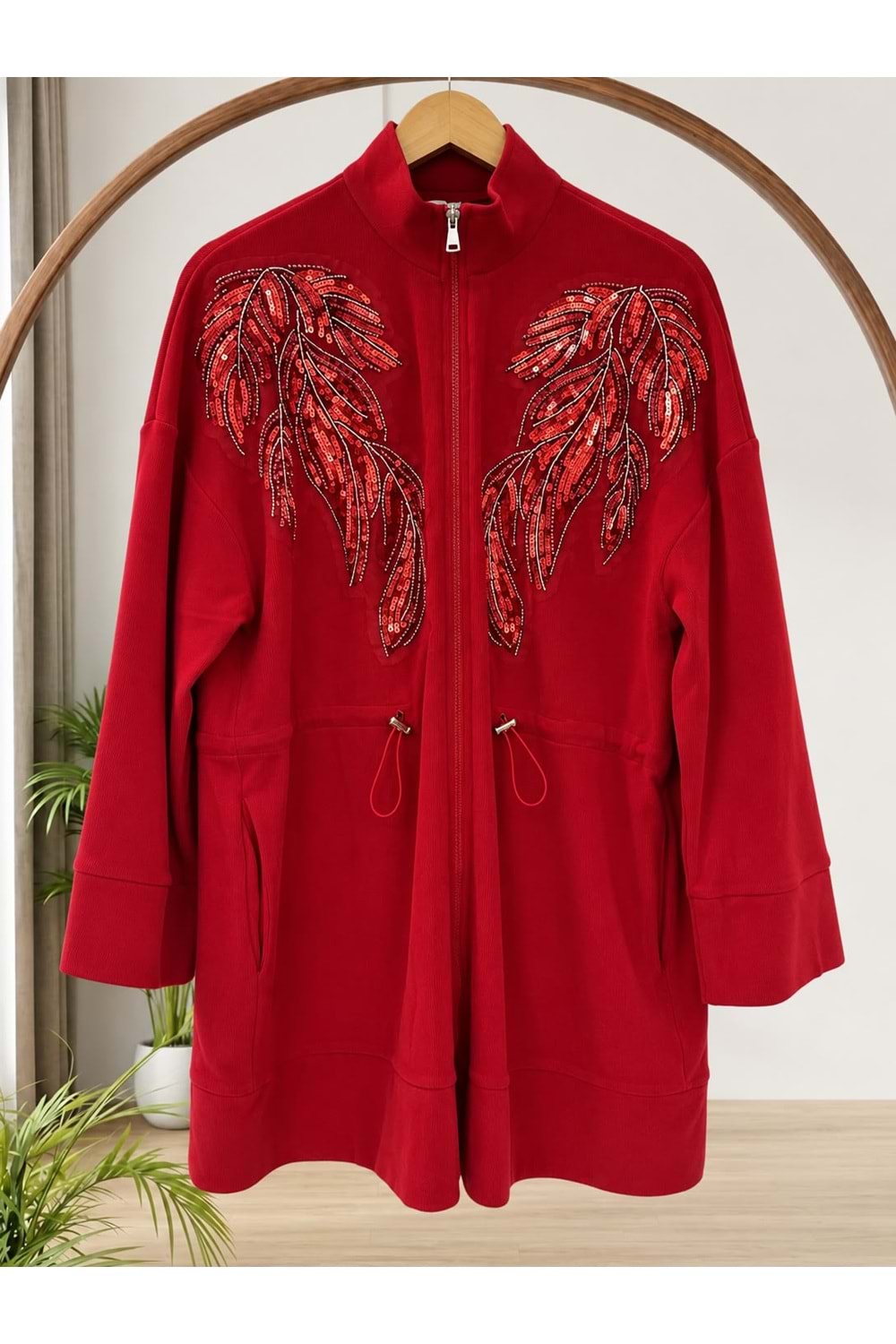 Pullu Selanik Kumaş Ceket 10836 - Kırmızı - L-XL