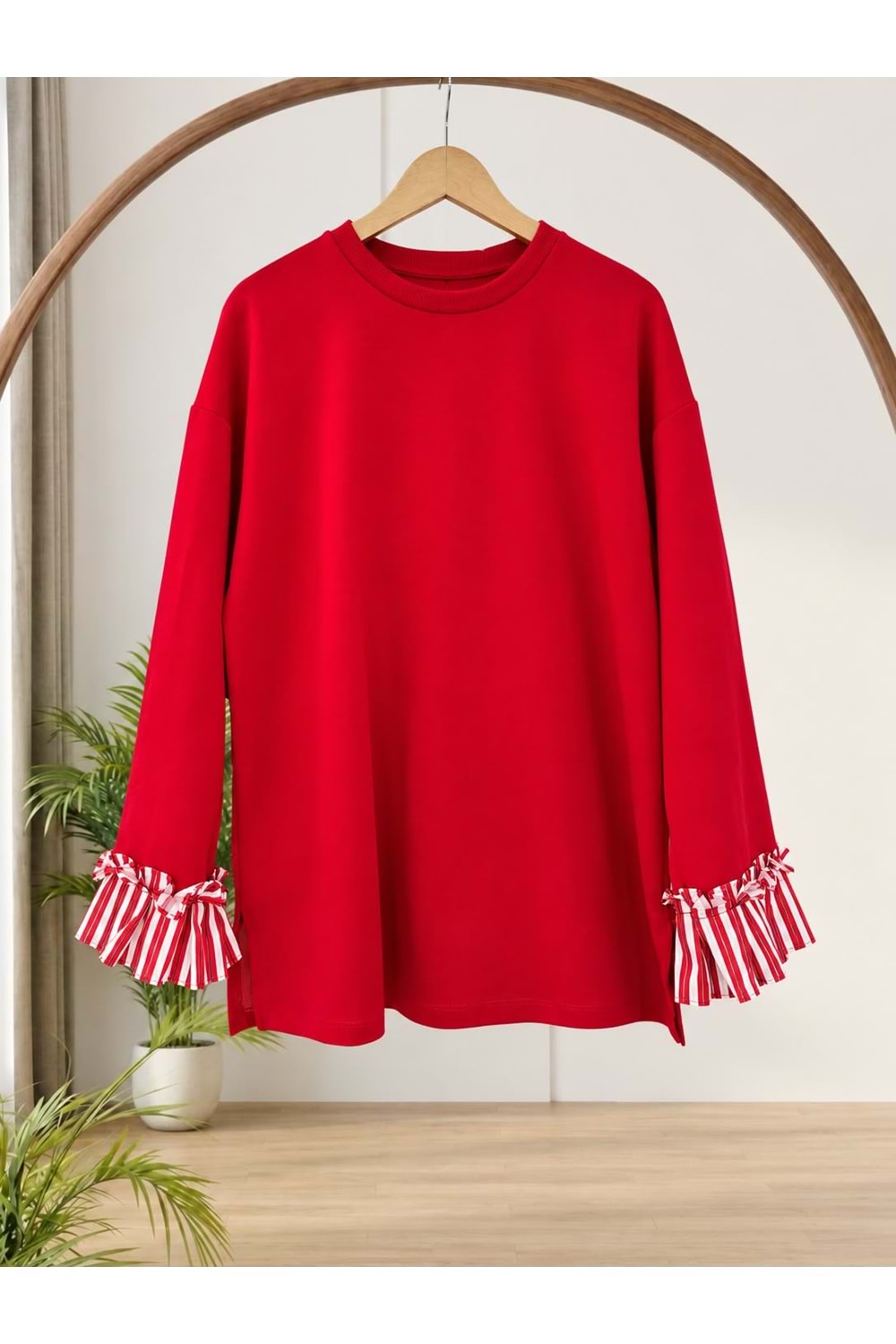 Kolları Çizgili Sweat 32600 - Kırmızı - L-XL