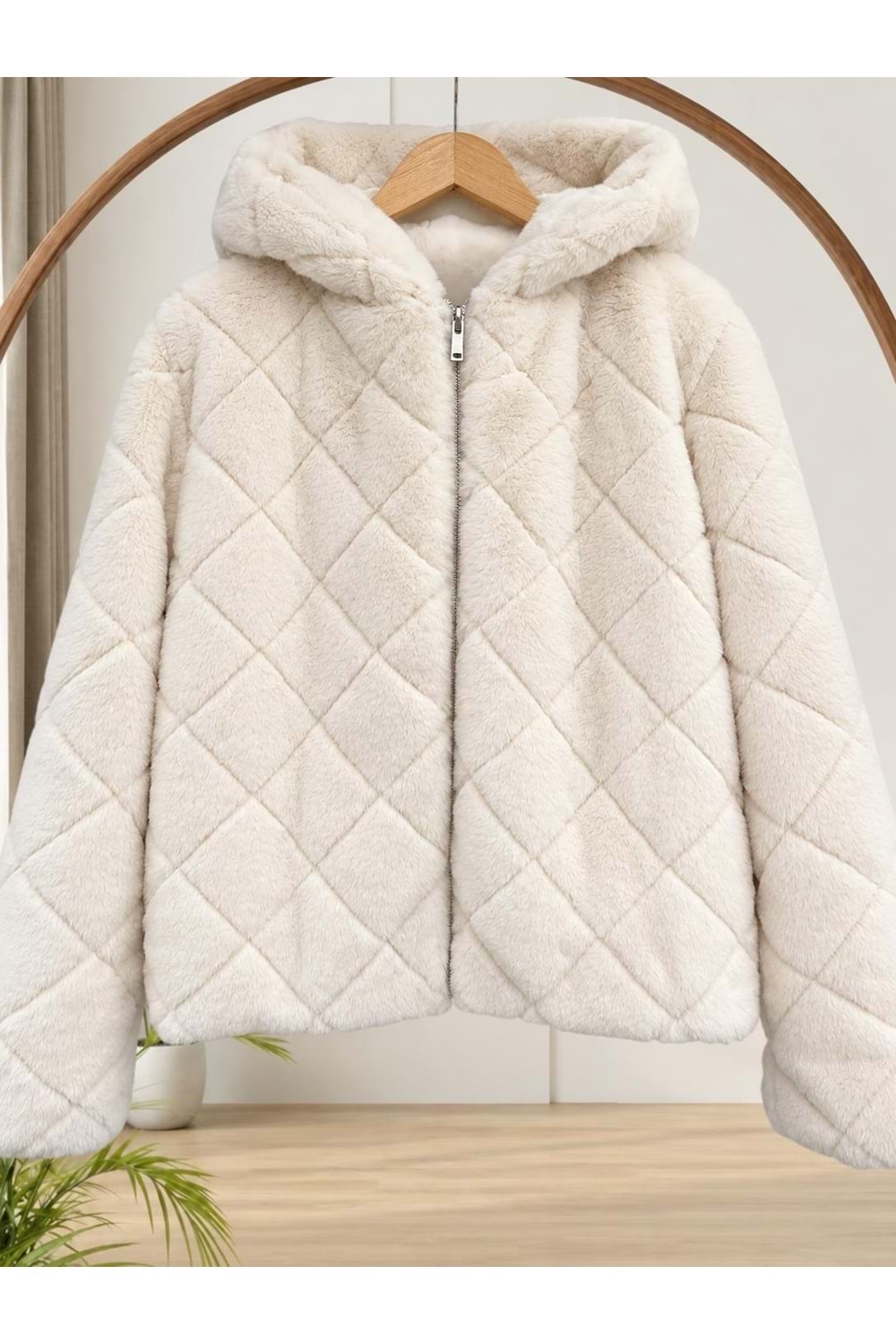 Baklava Desen Peluş Mont 7014 - Beyaz - 36