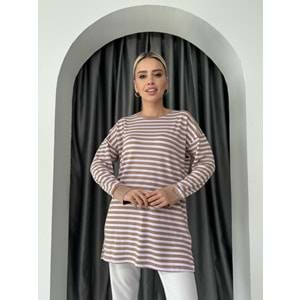 İnce Çizgili Tunik 674 - Sütlü Kahve - L-XL
