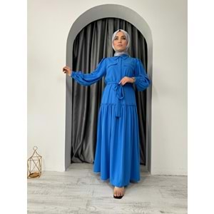 Puane Eteği Fırfırlı Elbise 12502 - Mavi - S - AZRA04699-Mavi-S