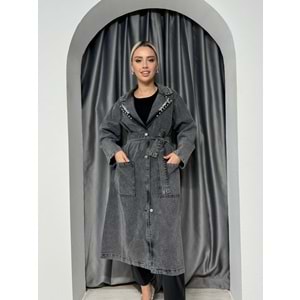 Yakası Taşlı Uzun Kot Ceket 7209 - Gri - S-M - AZRA04969-Gri-S-M