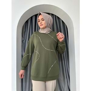 Taşlı Dalgıç Sweat 33607 - Haki - TEK BEDEN - AZRA05000-Haki-TEK BEDEN
