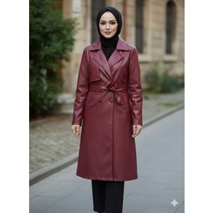 Astarlı Rüzgarlıklı Deri Trenç 6216 - Bordo - 40 - AZRA05072-Bordo-40