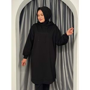 İkoll Tonaton Nakışlı Kapişonlu Tunik 33201 - Siyah - TEK BEDEN