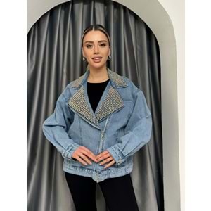 Yakası ve Önü Zımbalı Kot Ceket 7270 - Mavi - TEK BEDEN - AZRA05315-44292
