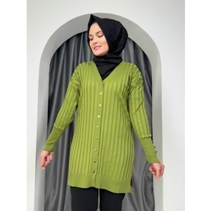 Çizgili Merserize Hırka 3179 - azra fashion - Fıstık Yeşili - TEK BEDEN