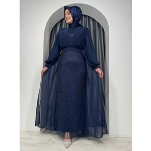 Önü Detaylı Pullu Abiye Elbise 4630 - Lacivert - 40