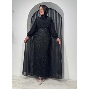 Önü Detaylı Pullu Abiye Elbise 4630 - Siyah - 40