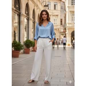 Fermuarlı Keten Pantolon 0827 - azra fashion - Beyaz - L