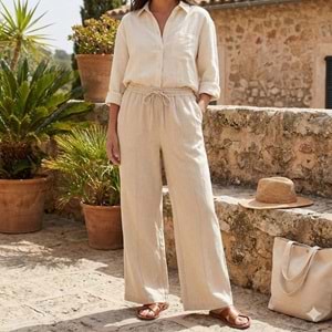 Tencel Geniş Paça Pantolon 34208 - Bej - S