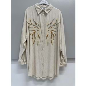 Keten Taşlı Gömlek Oversize 170202 - Bej - TEK BEDEN - AZRA06284-52052