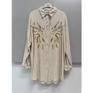 Keten Taşlı Gömlek Oversize 170202 - Bej - TEK BEDEN - AZRA06284-52052