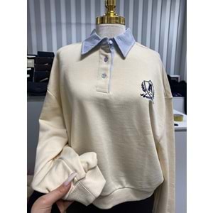 Yakası Çizgili Sweat 0881 - Bej - M