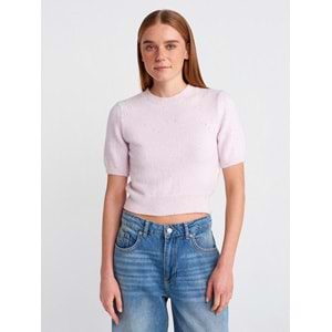 Bisiklet Yaka Pullu Simli Triko Kazak 10703 - Pembe - TEK BEDEN