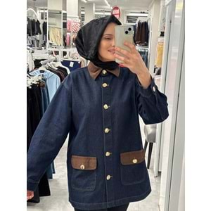 Yaka ve Cepleri Süet Ceket 7432 - Lacivert - S-M - AZRA07251-Lacivert-S-M