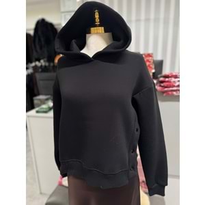 Yanları Çıtçıtlı Kapşonlu 3İp Sweat 168 - Siyah - S-M - AZRA07277-Siyah-S-M