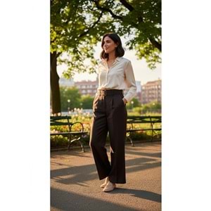 Kuşaklı Bol Paça Pantolon 250643 - Acı Kahve - M - AZRA07370-Acı Kahve-M