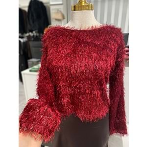 Simli Tüylü Kazak 9537 - Bordo - L - AZRA07428-Bordo-L