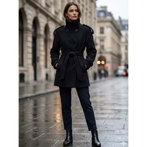 Dik Yakalı Kaşe Kaban 7676 - Siyah - M - AZRA07461-Siyah-M