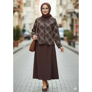 Ekose Desenli Etekli Takım 1133 - Acı Kahve - L - AZRA07476-Acı Kahve-L