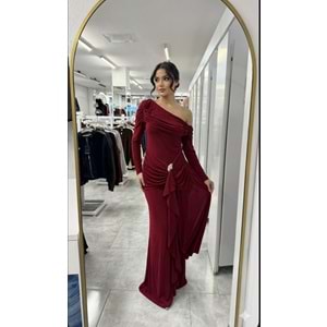 Tek Omuz Aksesuarlı Elbise 1430 - Bordo - M - AZRA07496-59239