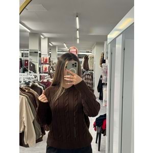 Saç Örgülü Triko Kazak 2573 - Acı Kahve - TEK BEDEN - AZRA07511-59303