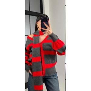 Çizgili Şallı Hırka 2569 - Kırmızı - TEK BEDEN