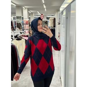 Baklava Desen Triko 3027 - Lacivert Kırmızı - TEK BEDEN