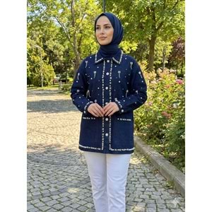 İnci ve Taş Detaylı Denim Ceket 7444 - Koyu Mavi - M-L - AZRA07704-60198