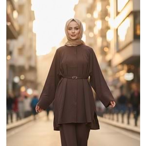 Kemerli Pileli Gömlek 26801 - Acı Kahve - L