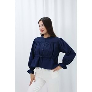 Belden Bağlamalı Kol Ağızı Lastikli Gömlek 26569 - Lacivert - L - AZRA07788-60854