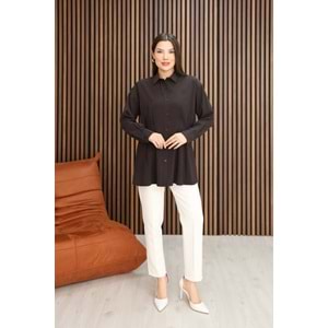 Ön Arka Pile Detaylı Modal Kumaş Gömlek 26773 - Koyu Kahve - L - AZRA07790-60880