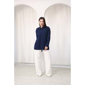 İşlemeli Dantel Detaylı Çiçekli Gömlek 26589 - Lacivert - L - AZRA07793-60939