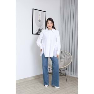 Yanları Tüllü Gömlek 26595 - Beyaz - XL