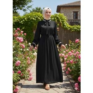 Yakası ve Kolları Taşlı Janjan Abiye Elbise 4748 - Siyah - 40