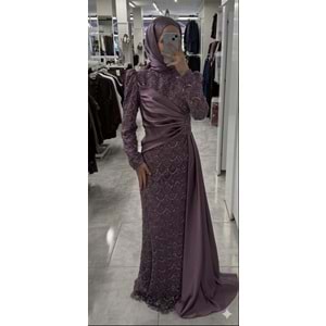 Yanı Saten Detaylı Abiye Elbise 12577 - Lila - 40