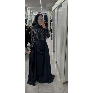 Üstü Pullu Saten Abiye Elbise 170035 - Lacivert - 40