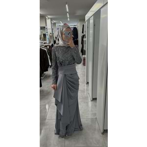 Beli Drape Detaylı Abiye Elbise 12582 - Gri - 40
