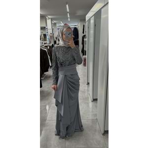 Beli Drape Detaylı Abiye Elbise 12582 - Gri - 42