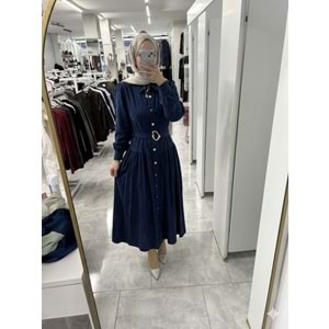 Pohen Beli Kemerli Modal Kumaş Elbise 1950 - Lacivert - S-M